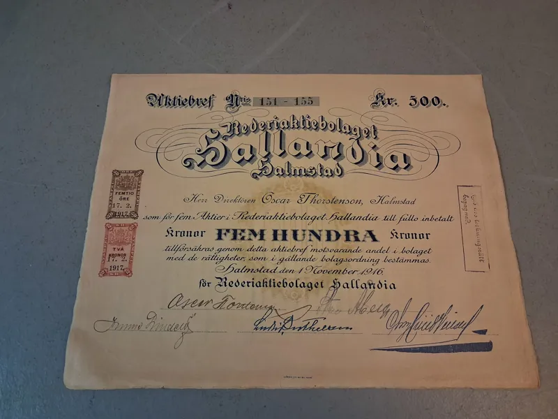 Aktiebrev Rederaktierbolaget Hallandia Halmstad, 1916.