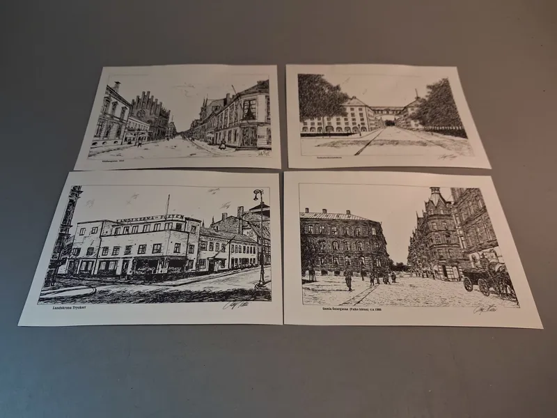 ROLF HALLEN. 4 Tryck. Rådhusgatan, Sockerburksviadukt, Gamla Östergatan, Landskrona tryckeri.