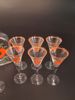 Julservis. 10 delar. glas, Snappsglas & brännvins flaska. Handmålad dekor. Johansfors.