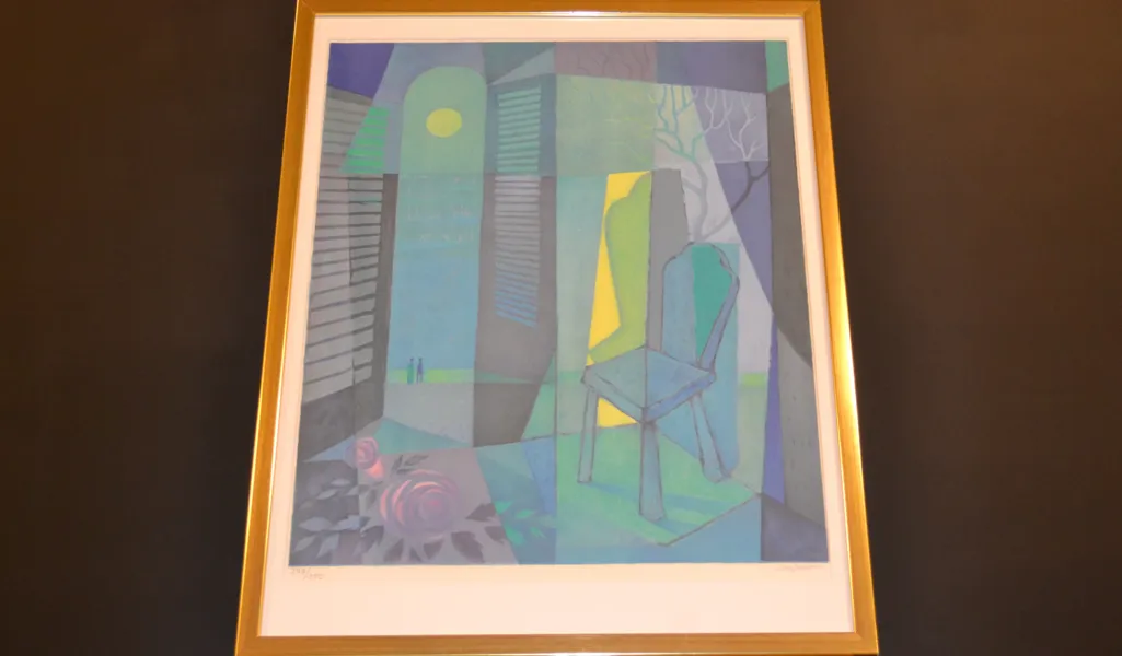SVEN JONSON. Färglitografi, "Surrealistisk bild med stol", signerad & numrerad 298/350.