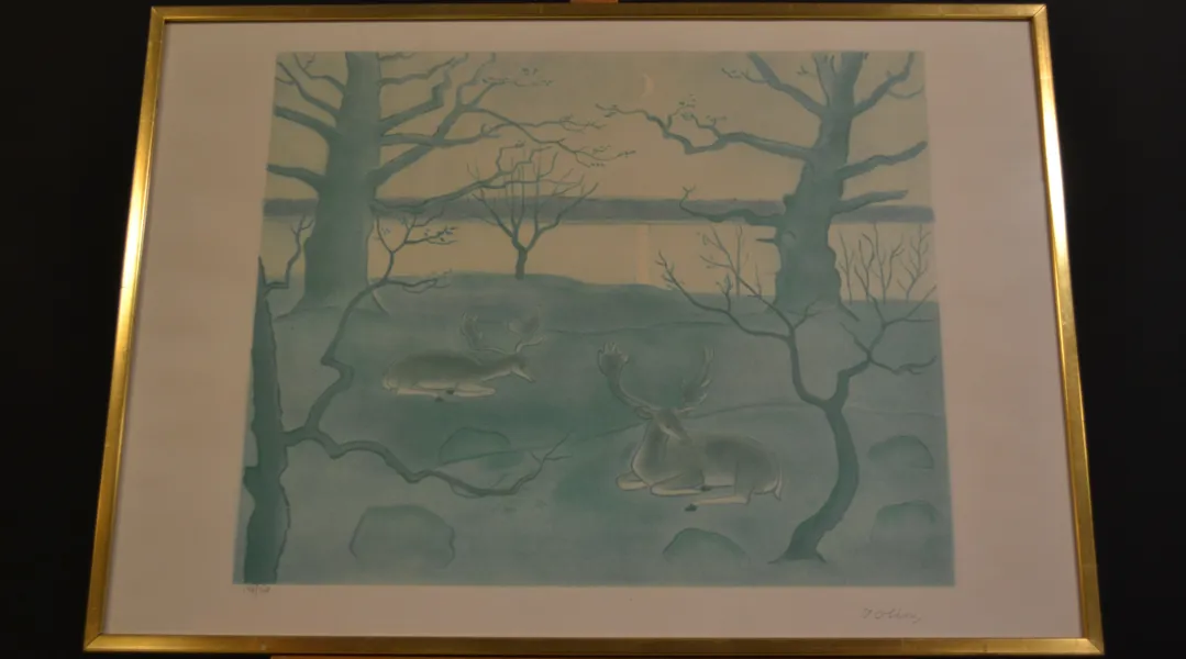 EINAR JOLIN. Färglitografi, "Hjortar i månskenslandskap", signerad & numrerad 148/360