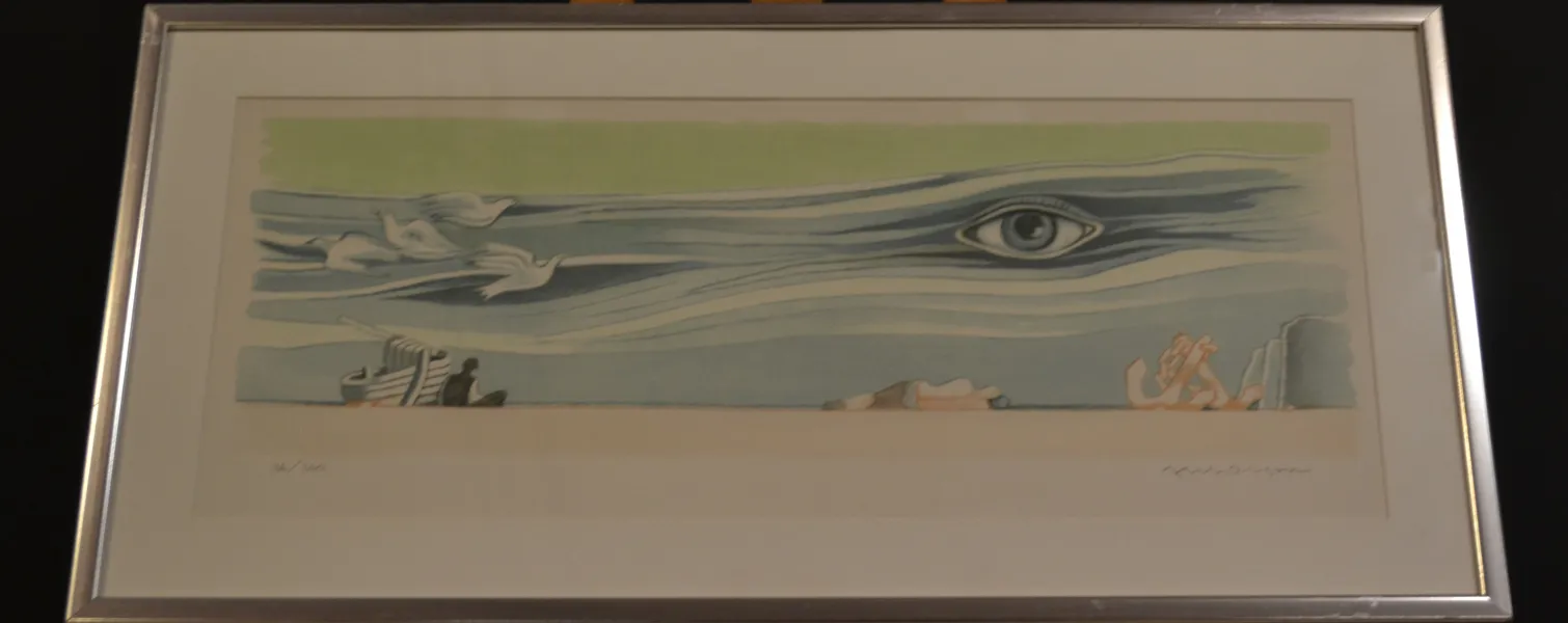 AXEL OLSON. Färglitografi, "Surrealistisk komposition", signerad & numrerad 36/260.