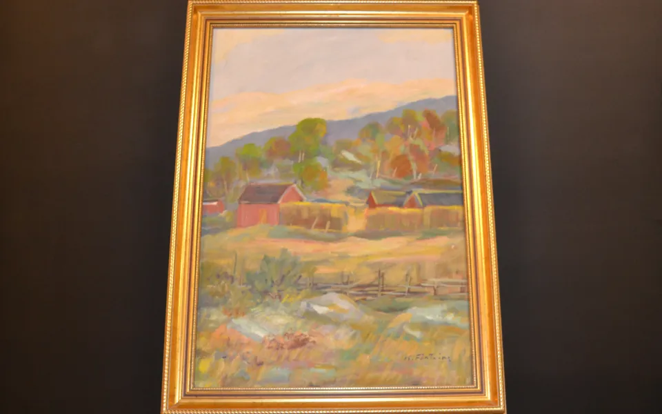 KATARINA FONTAINE. Olja på duk, "Landskap med gård", signerad.