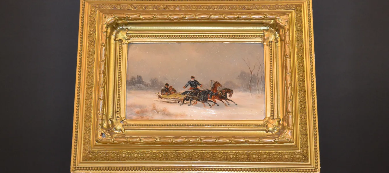 OIDENTIFIERAD KONSTNÄR. Olja på träpannå, "Slädfärd", 1800-talet, osignerad.