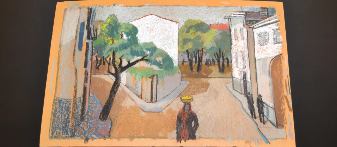 BENGT CARLBERG. Pastell, "Sydländskt gatuparti", oramad, signerad.