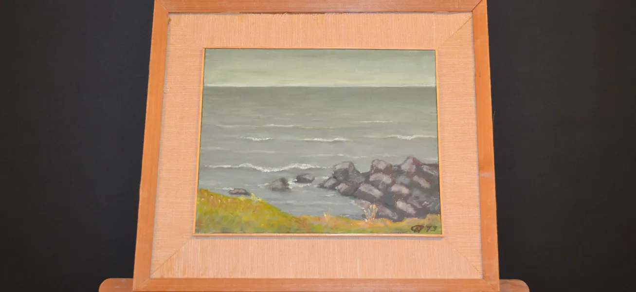 GUSTAV NILSSON. Olja på pannå, "Duggregn, Svanviken, Grötvik", signerad & daterad -73.