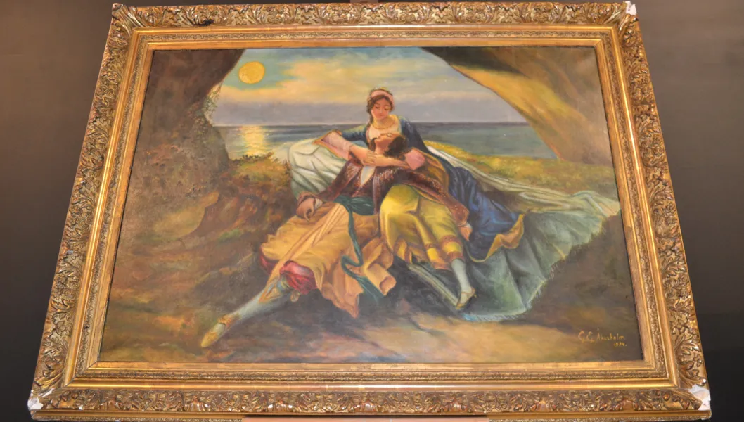 OIDENTIFIERAD KONSTNÄR. Olja på duk, "Kärlekspar i solnedgång", signerad CG Åkerholm & daterad 1934.