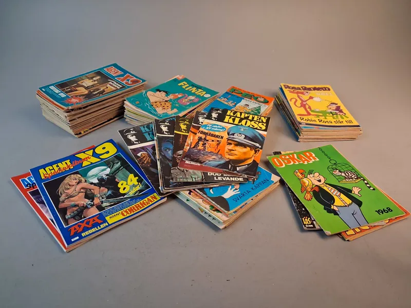 Diverse serietidningar. Bl.a Peo, Helgonet, Kapten Kloss, Rosa Pantern, familjen flinta, Agent X9, mfl.