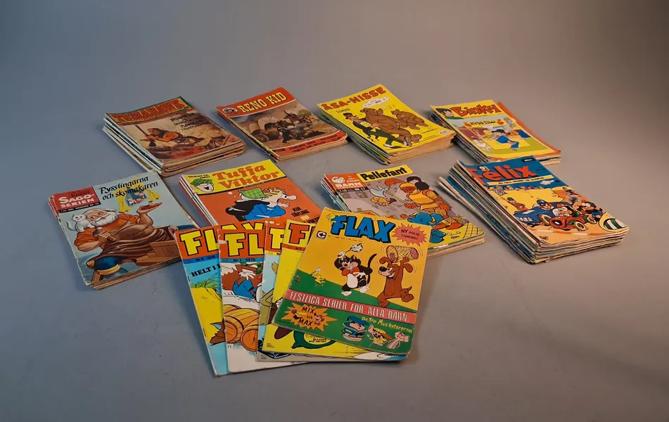 Diverse serietidningar. Bl.a Flax, Felix, Pellefant, Binky, Åsa-Nisse, Tuffa Viktor mfl.