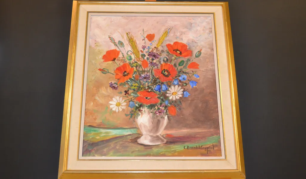 CARIN BRANDELS ENGQVIST. Olja på duk, "Blomsterstilleben", signerad.