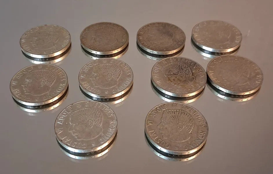 10 Stycken 5 Kronor. Silverhalt 40%, 181gram, 1954 & 1955.