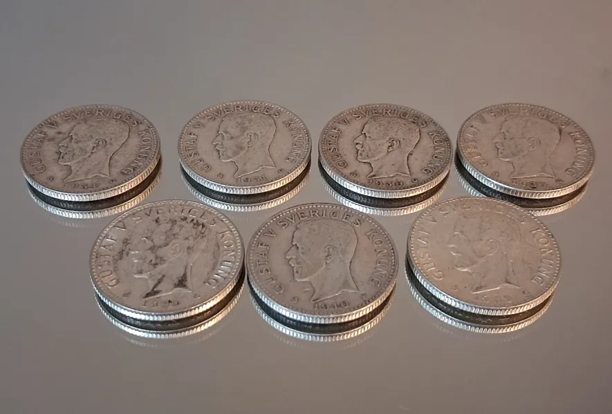 7 Stycken 2 Kronor. Silverhalt 80%, 105gram, 1910, 1930, 1931, 1934 & 1939.