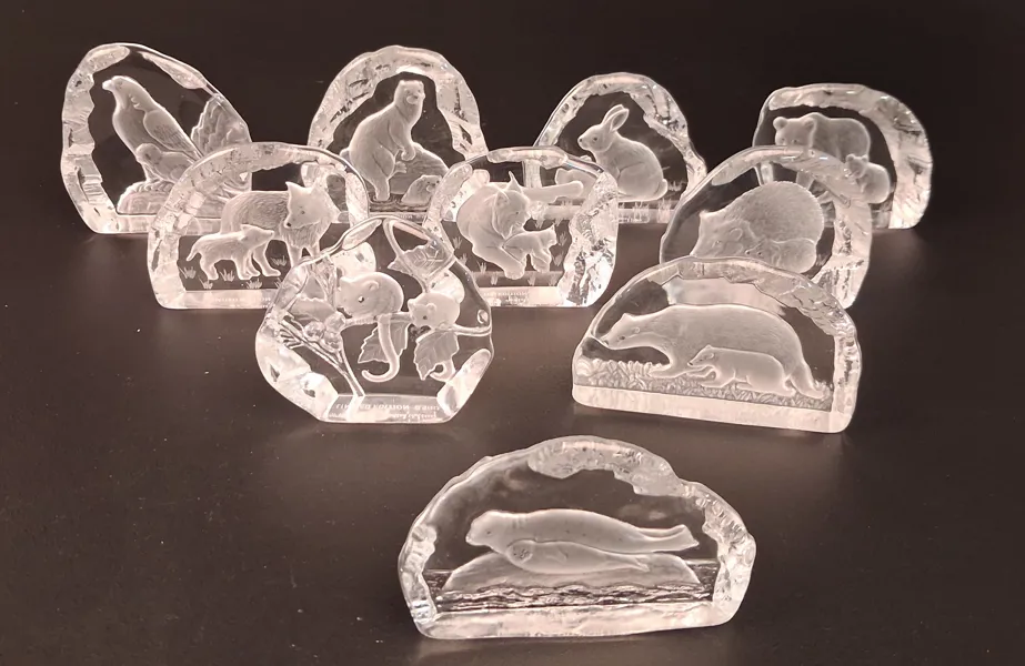 PAUL ISLING. 10 Glasblock/skulptur, Djurmotiv, WWF Svenskt glas.