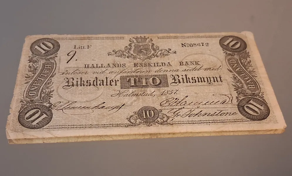 Privatbanksedel, Hallands Enskilda Bank, Tio Riksdaler, 1857.
