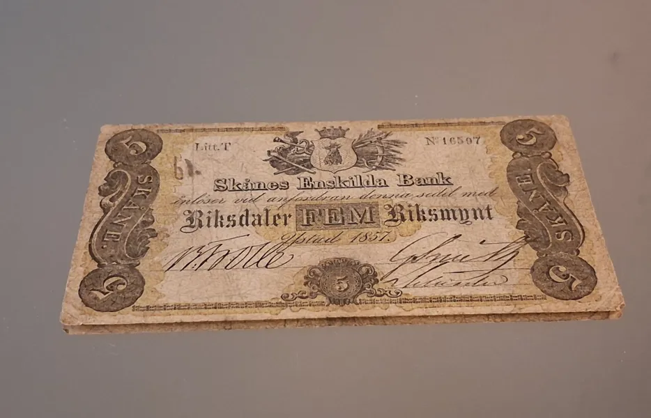 Privatbanksedel, Skånes Enskilda Bank, Fem Riksdaler, 1857.