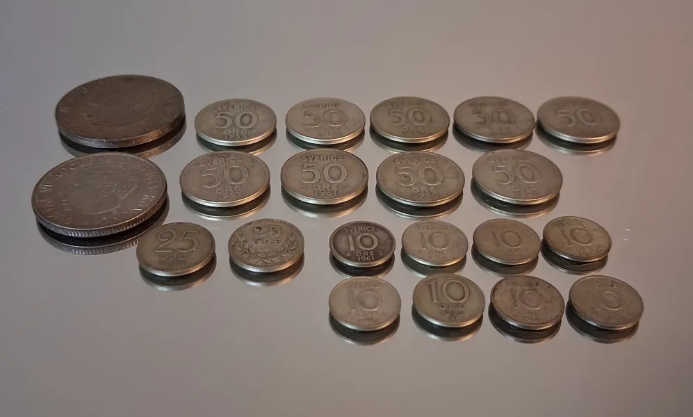 Diverse mynt. Mestadels silverhalt 40%, 91gram.
