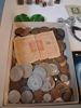 Diverse. Bl.a mynt, pins, 2 klockor, 2 munspel m.m.