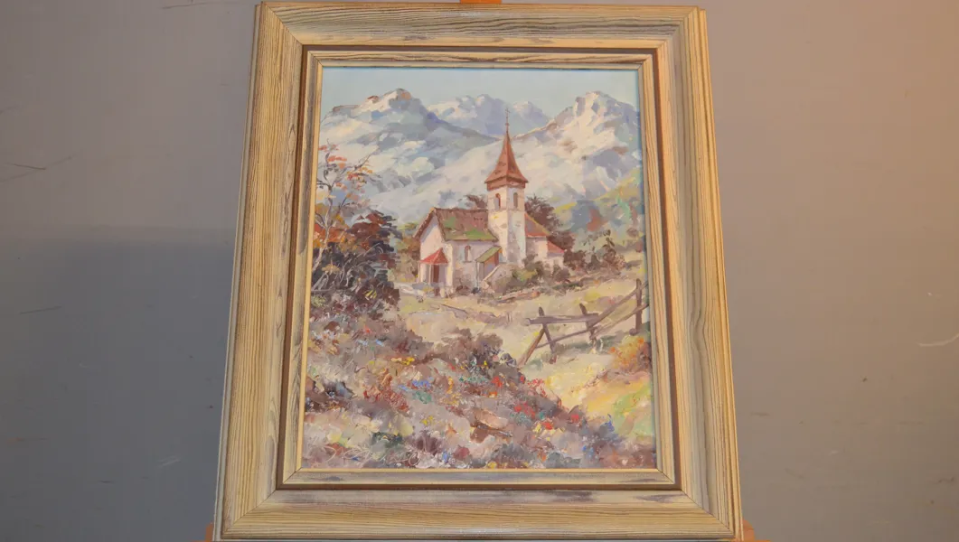 CARL BOWEDT. Olja på pannå, "Alpint landskap med kyrka", signerad.