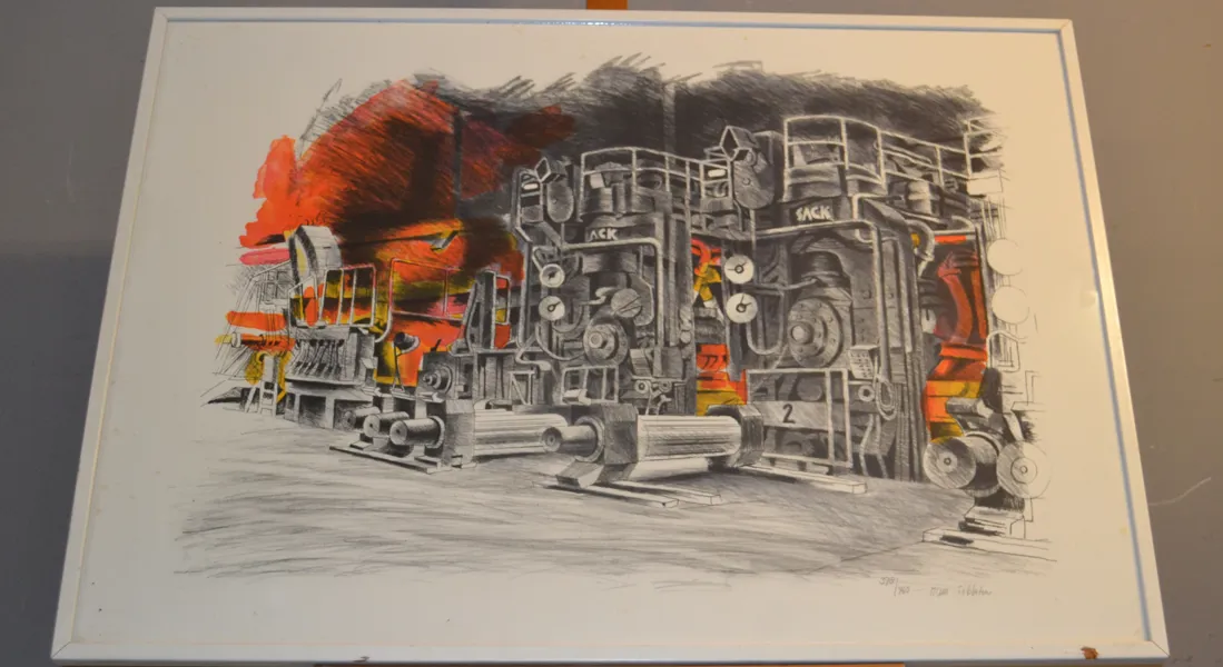 HANS TOLLSTEN. Färglitografi, "Interiör från industri/fabrik", signerad & numrerad 398/460.