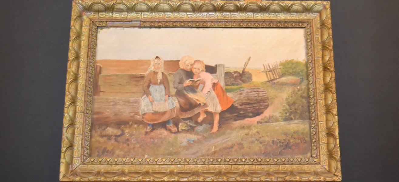 OIDENTIFIERAD KONSTNÄR. Olja på duk, "Läsande barn", signerad & daterad -13.