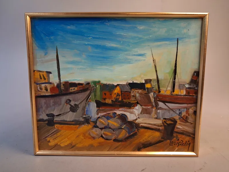 LOUIS ZELIG. Olja på pannå, "Båthamn" signerad.